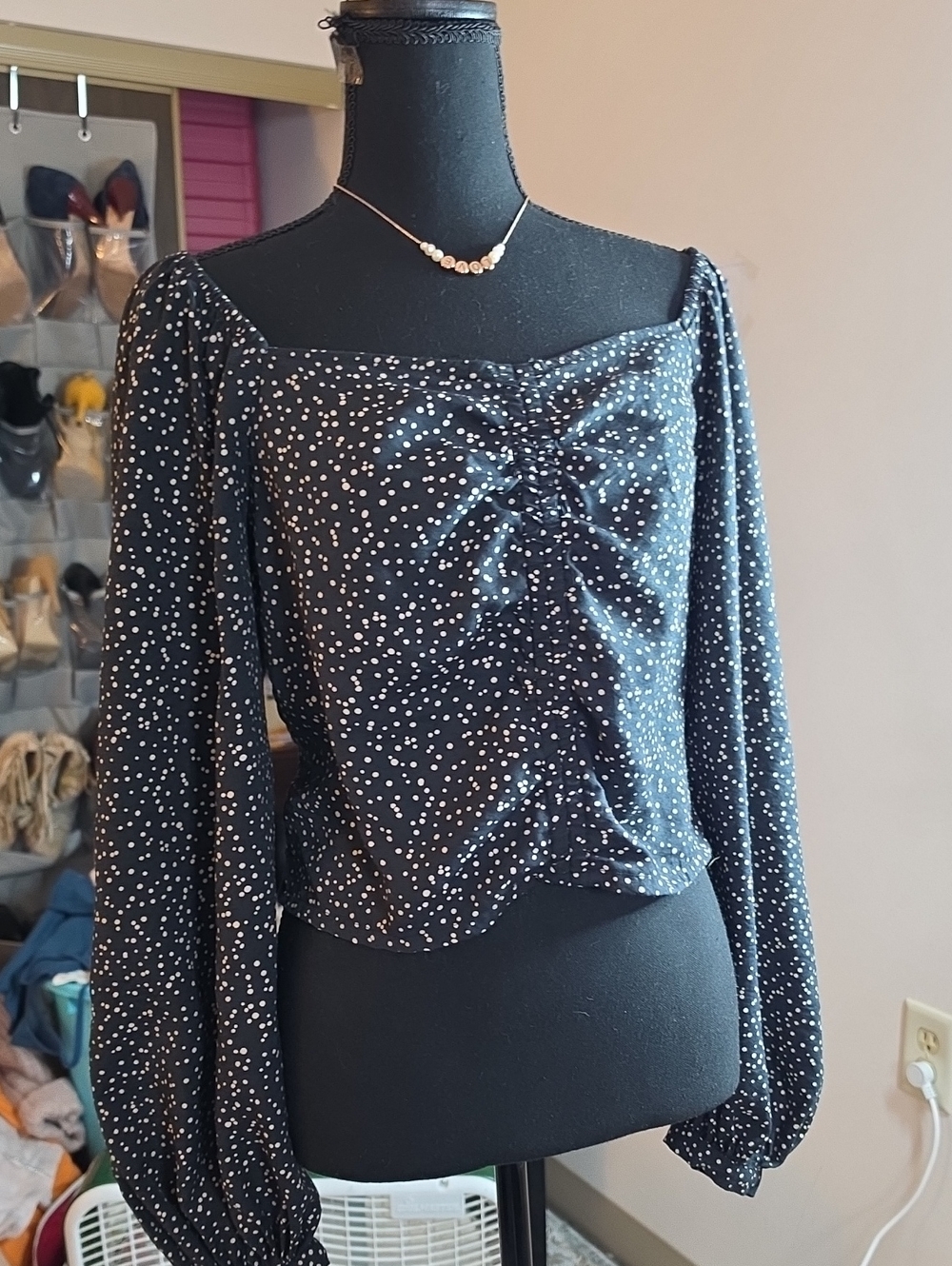 Black Polka Dot Peasant's Square-Neck Long Sleeve Blouse